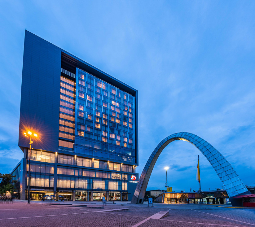 Facade of the Hilton Corferias Bogotá hotel. Courtesy image Hilton