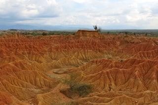 A desert with red and ochre gullies