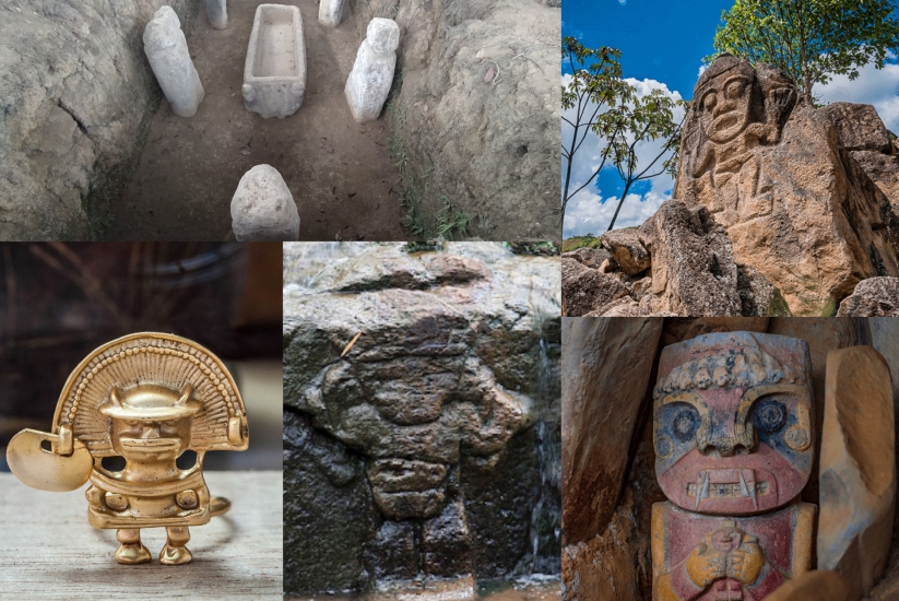 Von oben nach rechts: Gräber in Alto de Las Chinas, Statue von La Chaquira, Goldstück im ethnografischen Museum von El Tablón, Steinritzung in Alto de las Patas und Statue mit Farben in La Pelota und El Purutal.